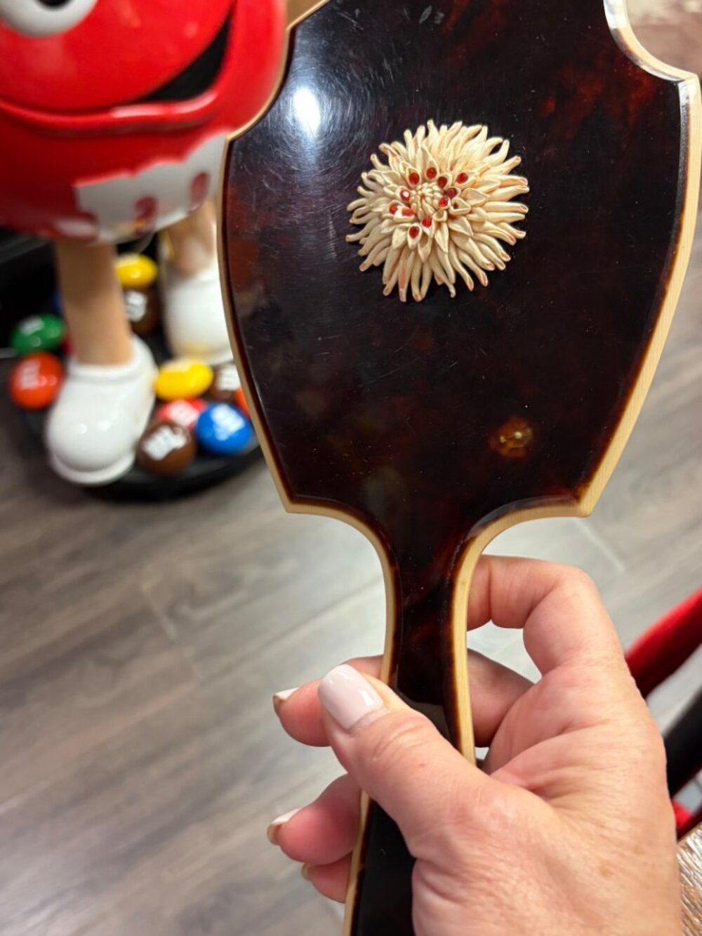 Vintage Ivory Faux Tortoiseshell Floral Vanity Hand Mirror